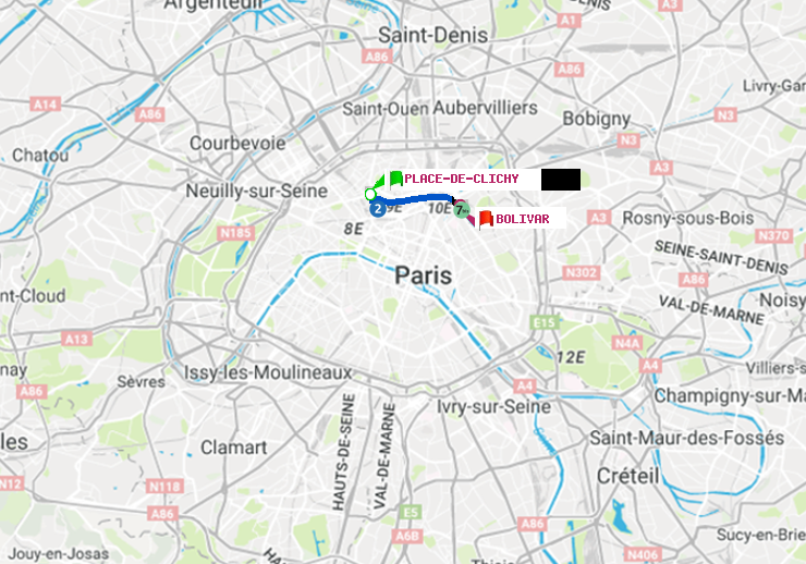 plan itinéraire ratp de Place de Clichy à Bolivar