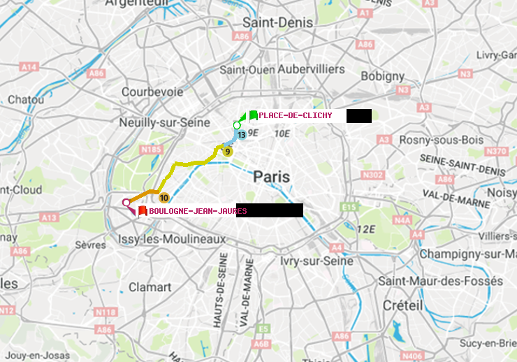 plan itinéraire ratp de Place de Clichy à Boulogne-Jean-Jaurès