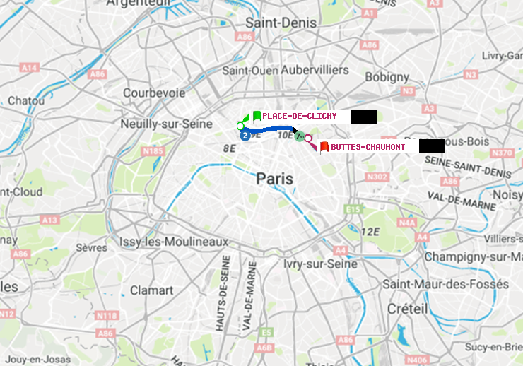plan itinéraire ratp de Place de Clichy à Buttes-Chaumont