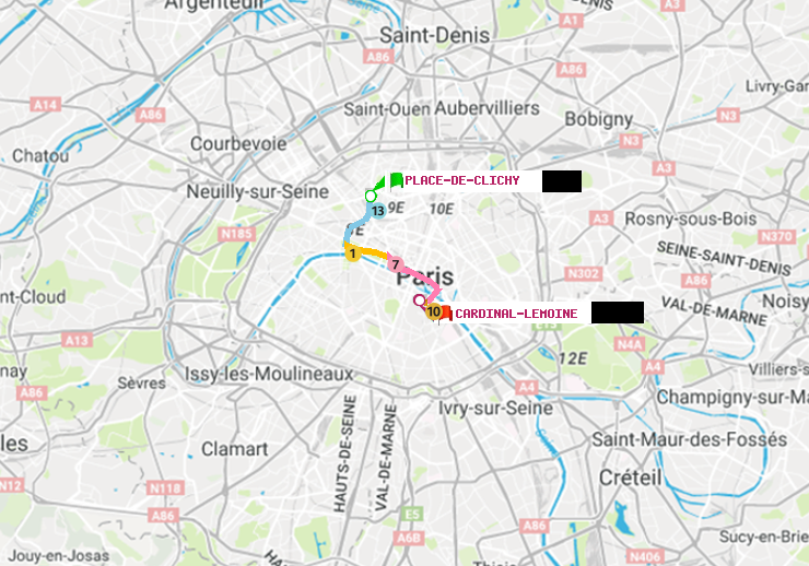 plan itinéraire ratp de Place de Clichy à Cardinal-Lemoine