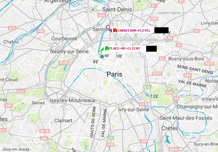 plan itinéraire ratp de Place de Clichy à Carrefour-Pleyel