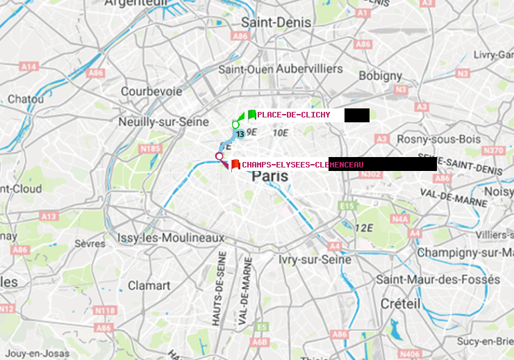 plan itinéraire ratp de Place de Clichy à Champs-Elysées-Clémenceau