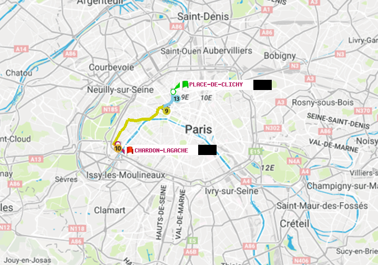 plan itinéraire ratp de Place de Clichy à Chardon-Lagache