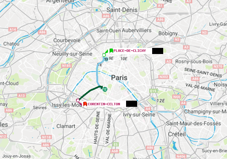 plan itinéraire ratp de Place de Clichy à Corentin-Celton