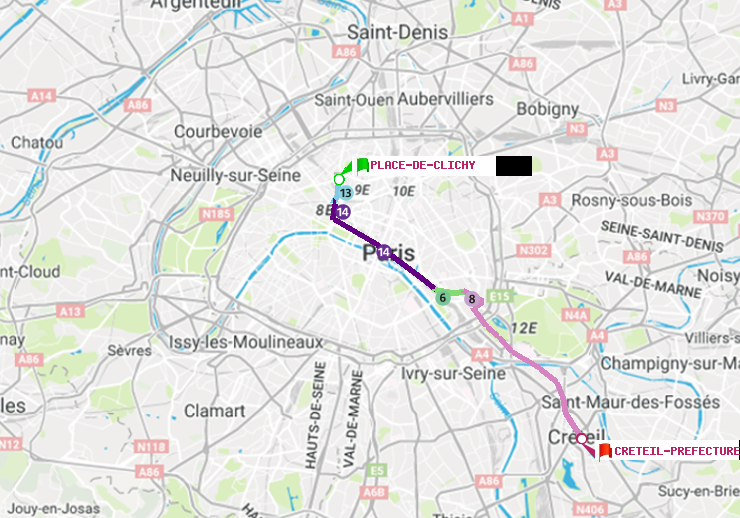 plan itinéraire ratp de Place de Clichy à Créteil-Préfecture (Hôtel de Ville)