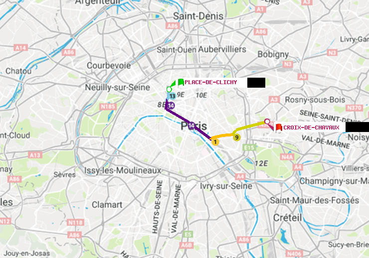 plan itinéraire ratp de Place de Clichy à Croix-de-Chavaux (Jacques Duclos)