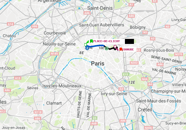plan itinéraire ratp de Place de Clichy à Danube