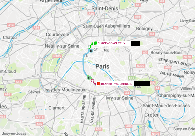 plan itinéraire ratp de Place de Clichy à Denfert-Rochereau