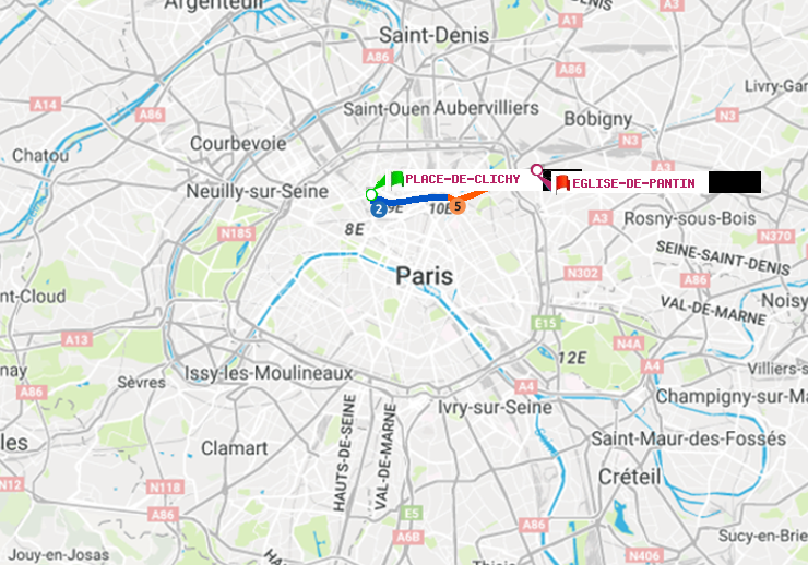 plan itinéraire ratp de Place de Clichy à Eglise de Pantin