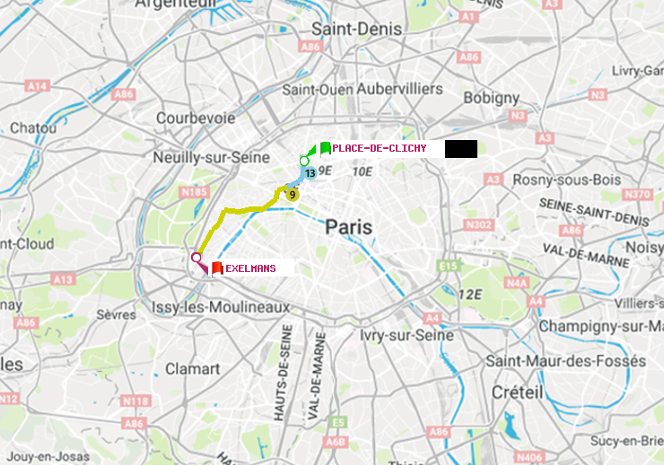 plan itinéraire ratp de Place de Clichy à Exelmans