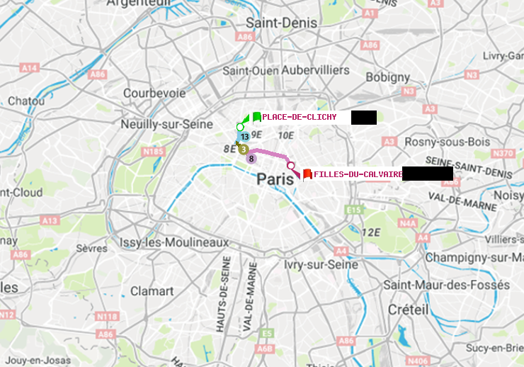 plan itinéraire ratp de Place de Clichy à Filles du Calvaire