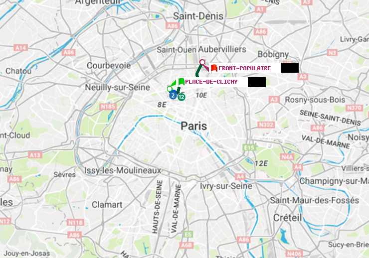 plan itinéraire ratp de Place de Clichy à Front Populaire