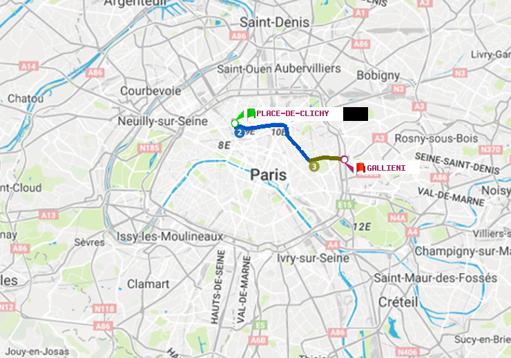 plan itinéraire ratp de Place de Clichy à Gallieni (Parc de Bagnolet)