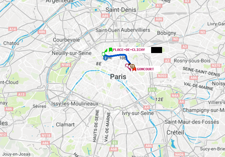 plan itinéraire ratp de Place de Clichy à Goncourt (Hôpital Saint-Louis)