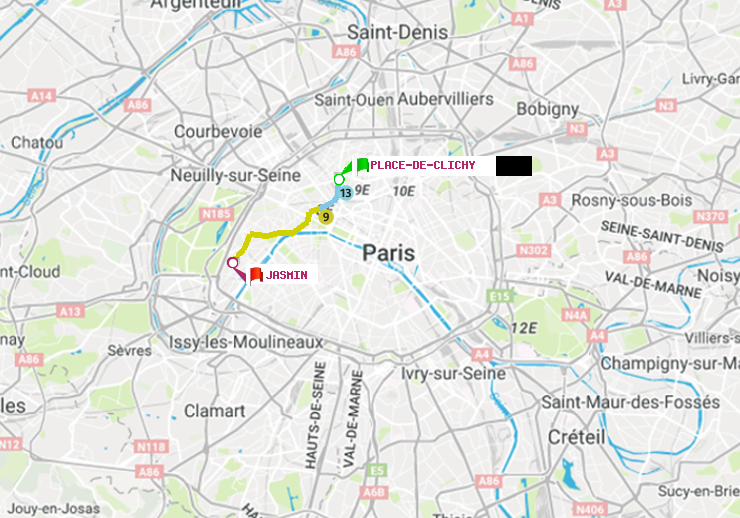 plan itinéraire ratp de Place de Clichy à Jasmin