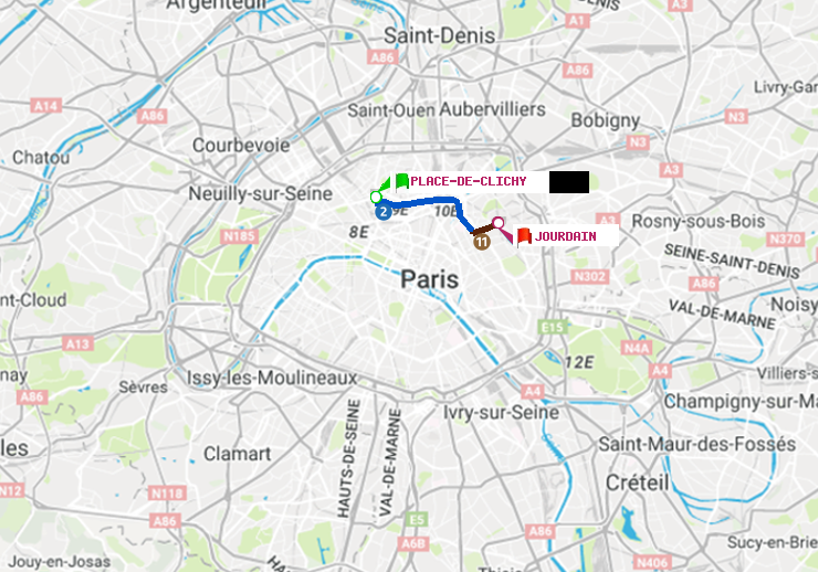 plan itinéraire ratp de Place de Clichy à Jourdain
