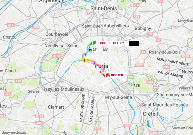 plan itinéraire ratp de Place de Clichy à Jussieu