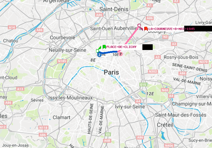 plan itinéraire ratp de Place de Clichy à La Courneuve-8-Mai-1945