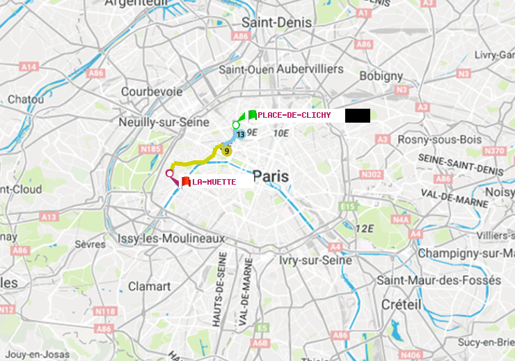 plan itinéraire ratp de Place de Clichy à La Muette