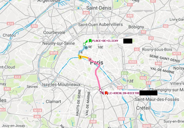 plan itinéraire ratp de Place de Clichy à Le Kremlin-Bicêtre