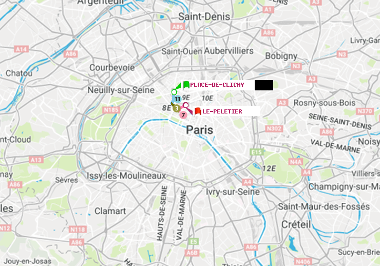 plan itinéraire ratp de Place de Clichy à Le Peletier