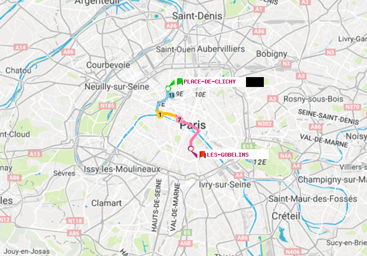 plan itinéraire ratp de Place de Clichy à Les Gobelins