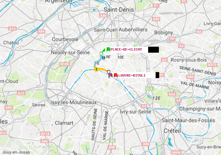 plan itinéraire ratp de Place de Clichy à Louvre-Rivoli