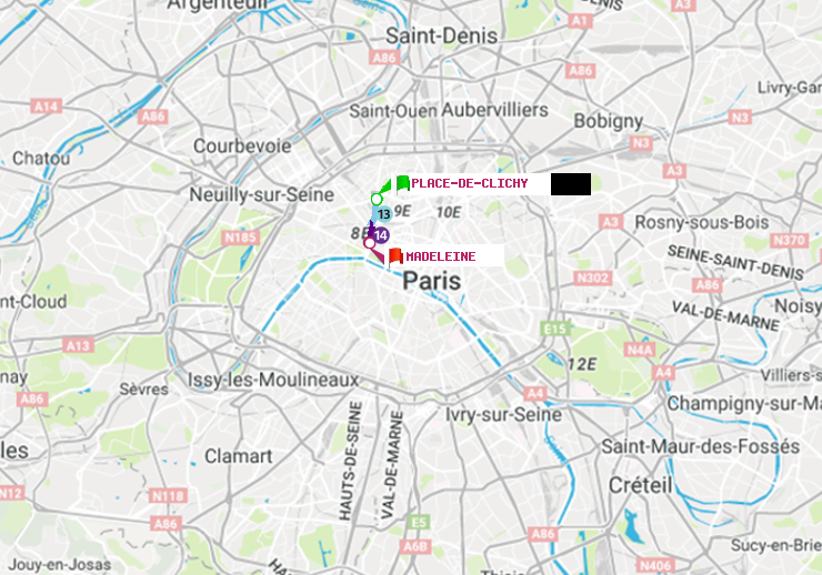 plan itinéraire ratp de Place de Clichy à Madeleine