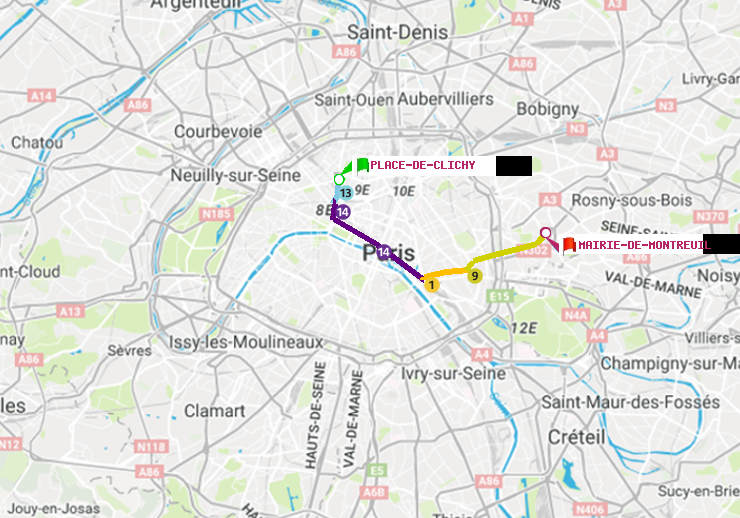plan itinéraire ratp de Place de Clichy à Mairie de Montreuil