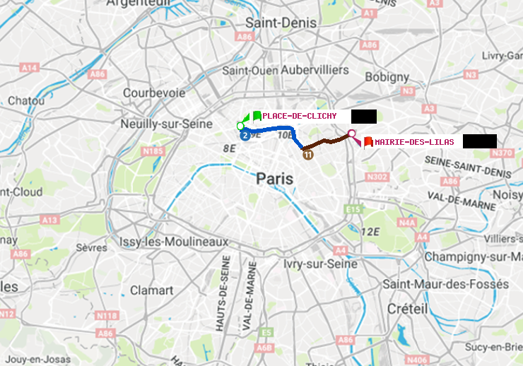 plan itinéraire ratp de Place de Clichy à Mairie des Lilas
