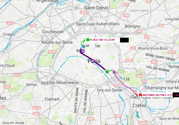 plan itinéraire ratp de Place de Clichy à Maisons-Alfort-Les Juilliottes