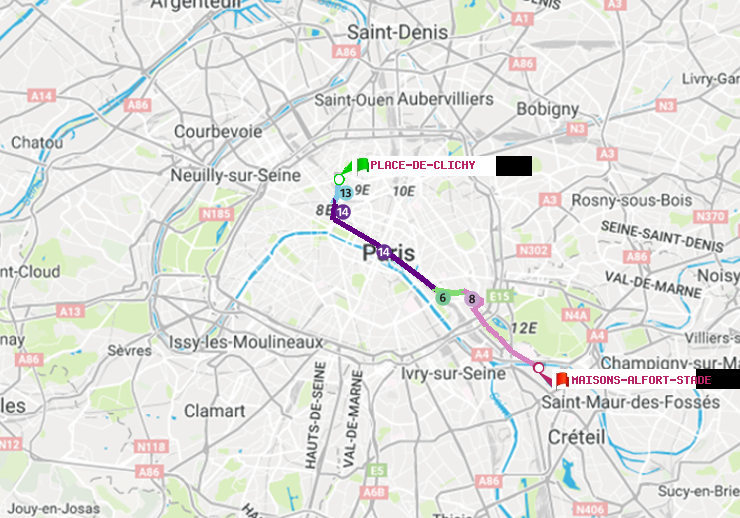 plan itinéraire ratp de Place de Clichy à Maisons-Alfort-Stade