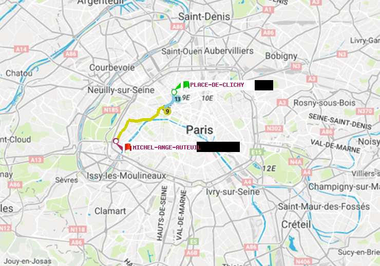 plan itinéraire ratp de Place de Clichy à Michel-Ange-Auteuil