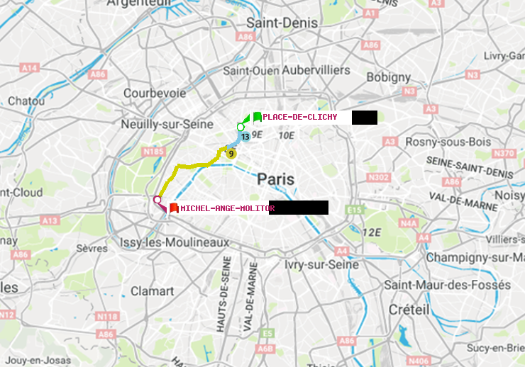 plan itinéraire ratp de Place de Clichy à Michel-Ange-Molitor