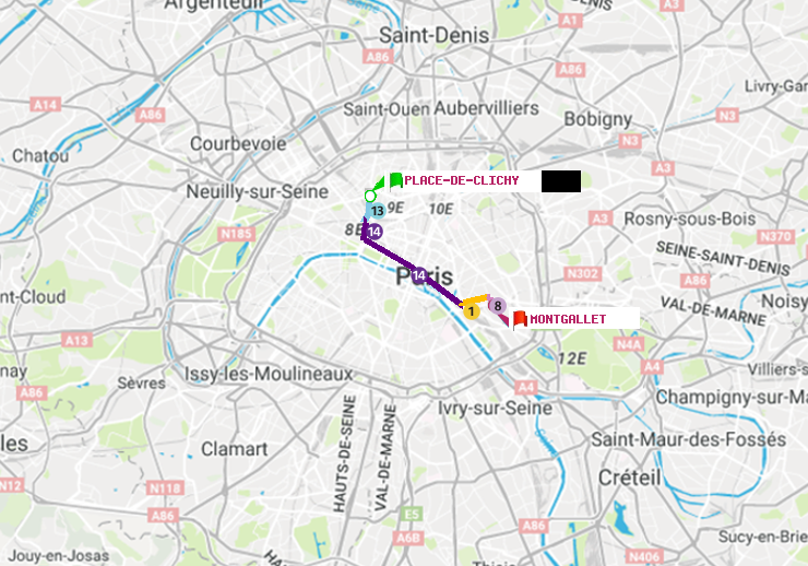 plan itinéraire ratp de Place de Clichy à Montgallet