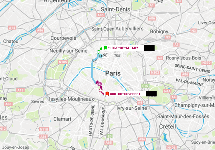 plan itinéraire ratp de Place de Clichy à Mouton-Duvernet