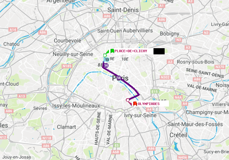 plan itinéraire ratp de Place de Clichy à Olympiades
