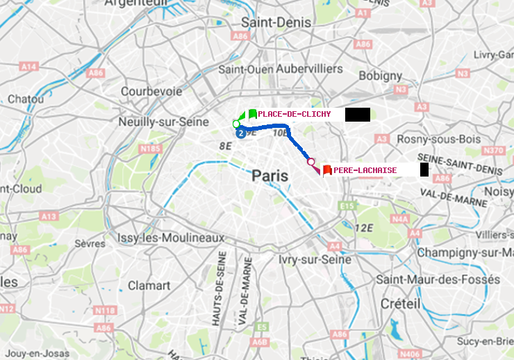 plan itinéraire ratp de Place de Clichy à Père-Lachaise
