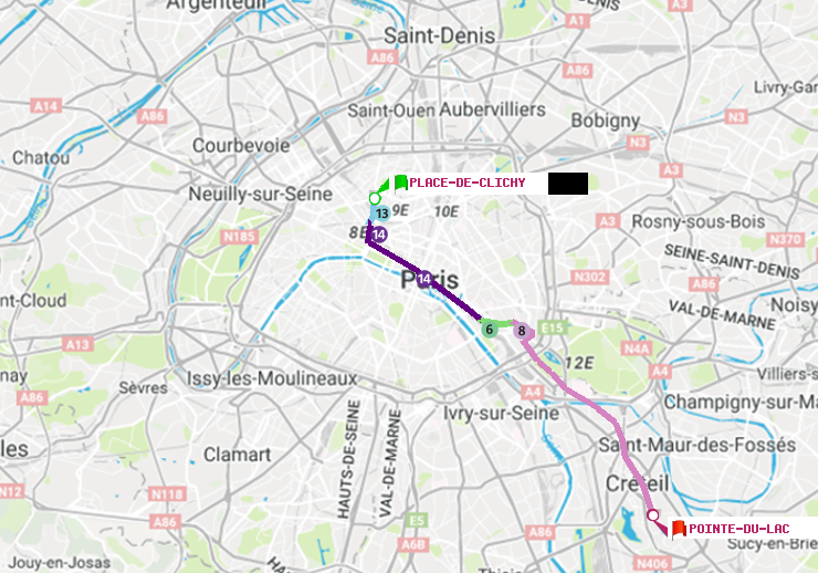 plan itinéraire ratp de Place de Clichy à Pointe du Lac