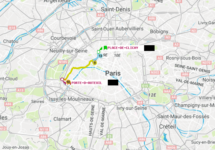 plan itinéraire ratp de Place de Clichy à Porte d
