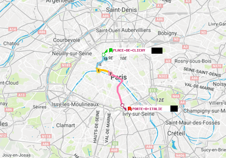 plan itinéraire ratp de Place de Clichy à Porte d