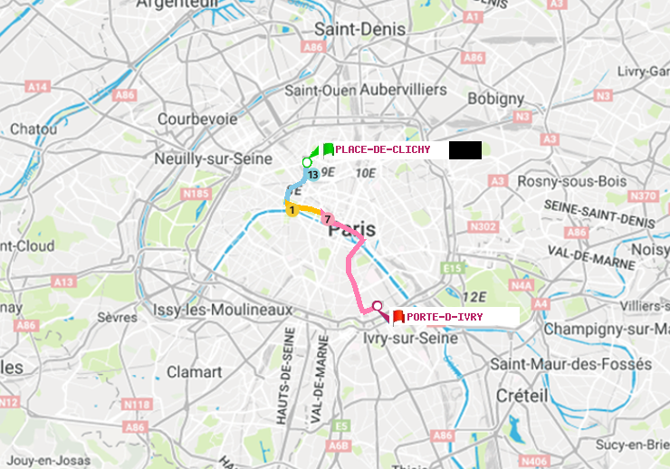 plan itinéraire ratp de Place de Clichy à Porte d