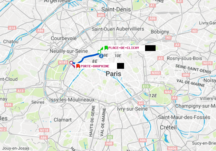 plan itinéraire ratp de Place de Clichy à Porte Dauphine (Maréchal de Lattre de Tassigny)