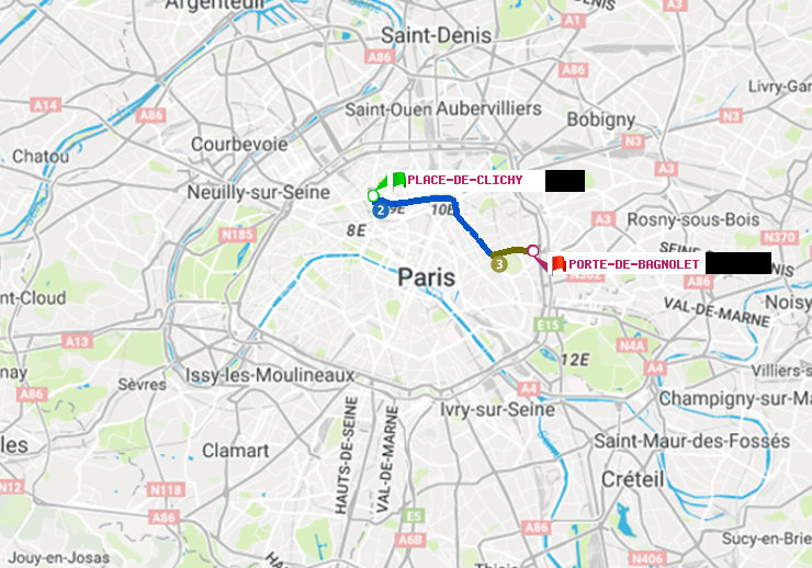 plan itinéraire ratp de Place de Clichy à Porte de Bagnolet