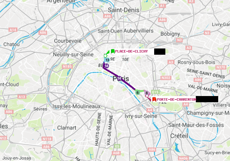 plan itinéraire ratp de Place de Clichy à Porte de Charenton