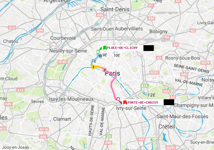 plan itinéraire ratp de Place de Clichy à Porte de Choisy