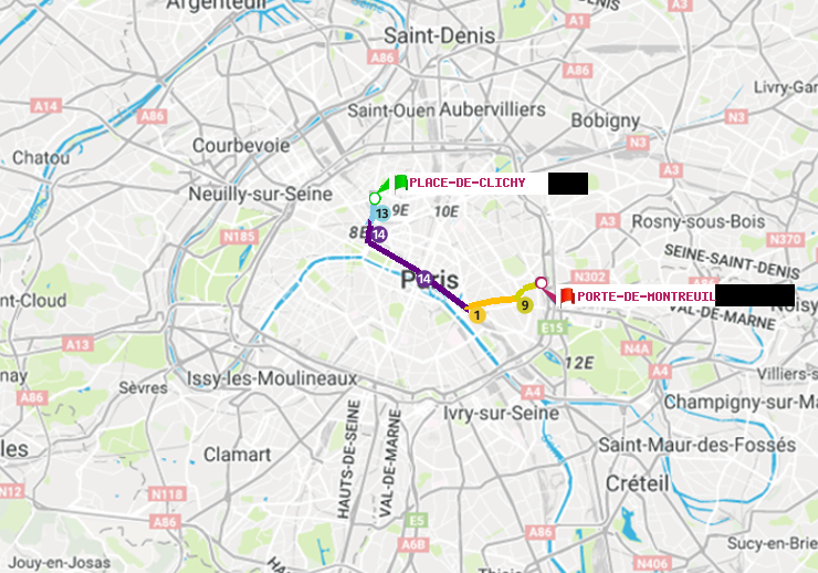 plan itinéraire ratp de Place de Clichy à Porte de Montreuil