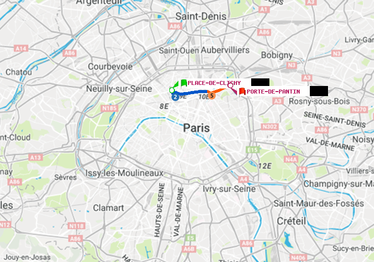 plan itinéraire ratp de Place de Clichy à Porte de Pantin