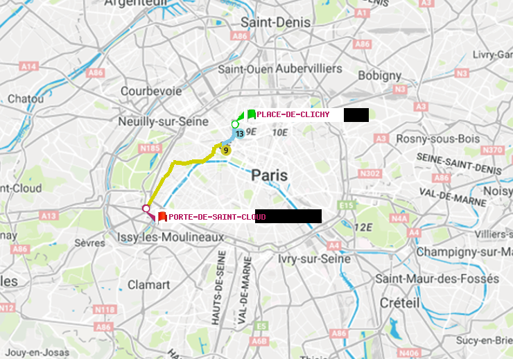 plan itinéraire ratp de Place de Clichy à Porte de Saint-Cloud