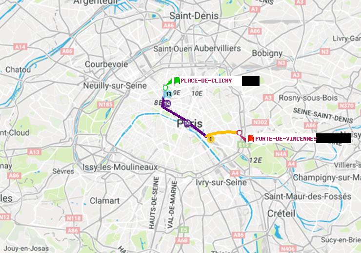 plan itinéraire ratp de Place de Clichy à Porte de Vincennes